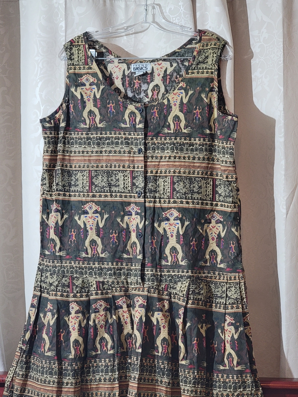 Trend Basic Ethnic-Pattern Sleeveless Button Dress